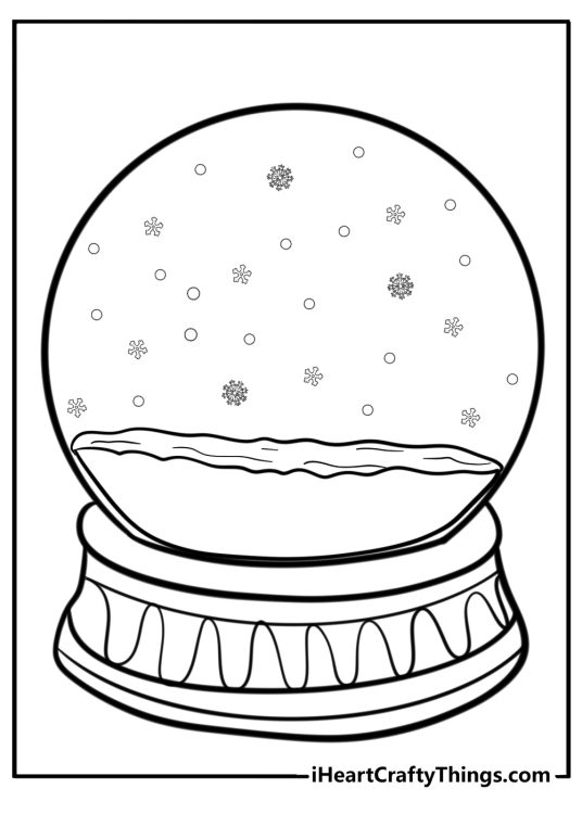 Printable coloring sheet for kids featuring traditional snow globe with falling snow