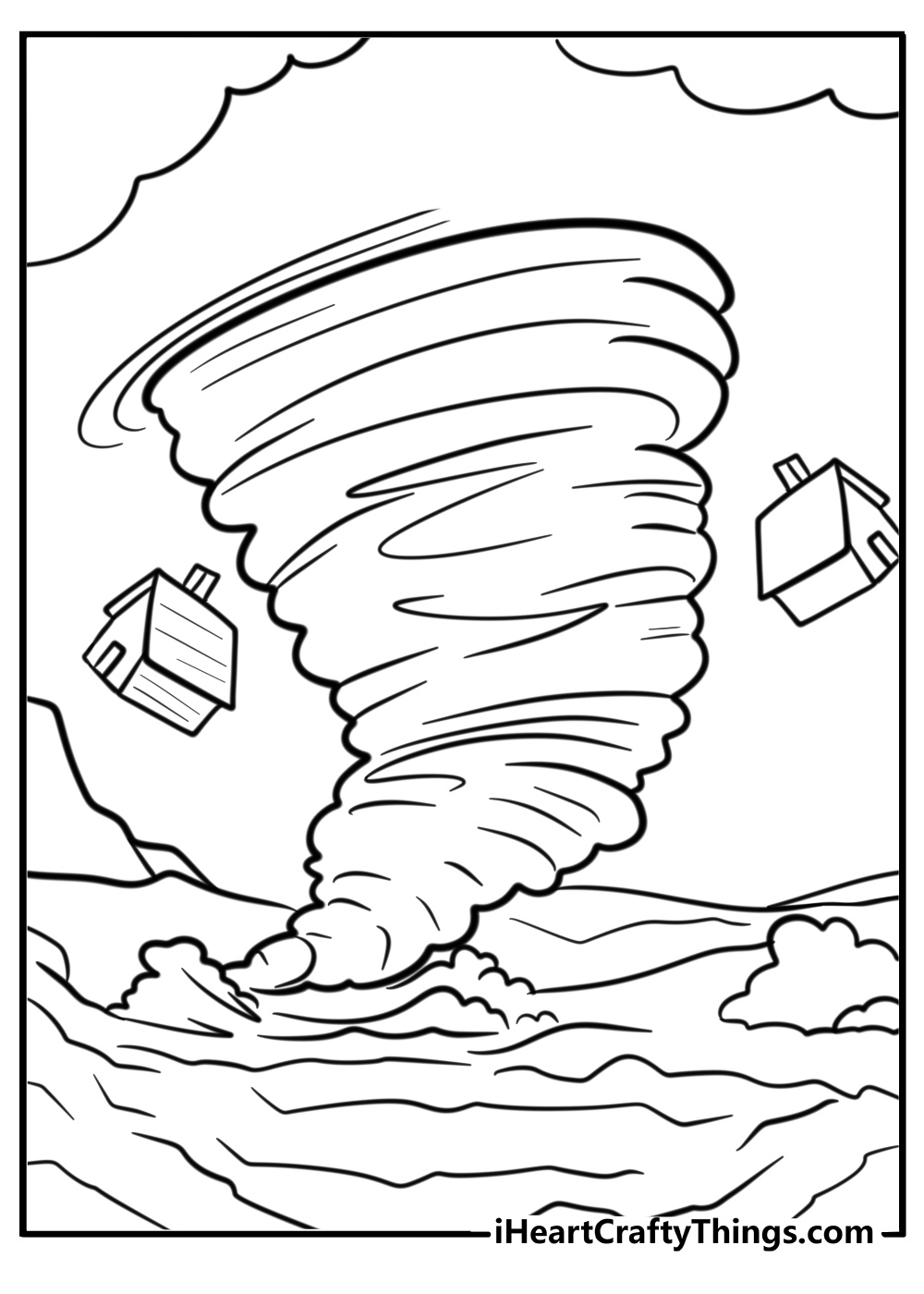 Cartoon style tornado causing a mess fun printable coloring sheet