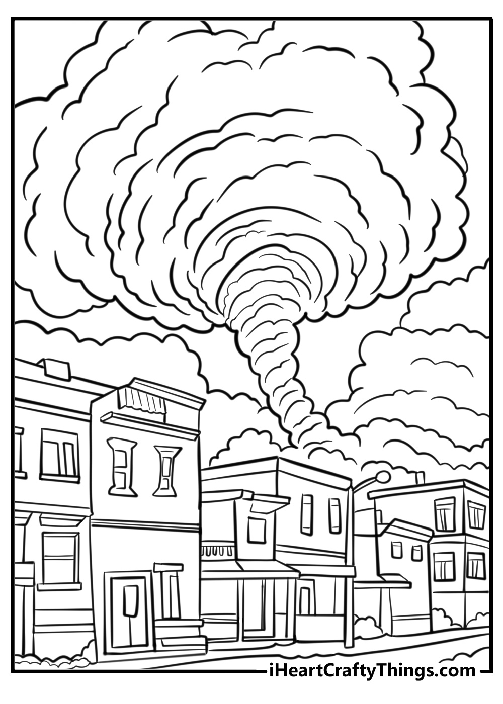 Cartoon tornado spinning through a town fun coloring sheet