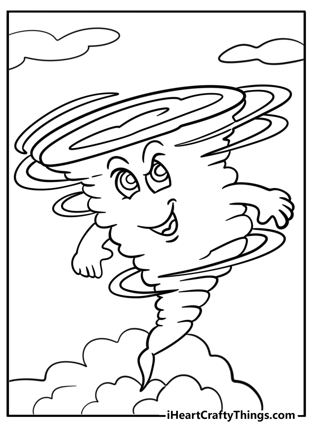 Cartoon tornado with a fun face printable coloring sheet