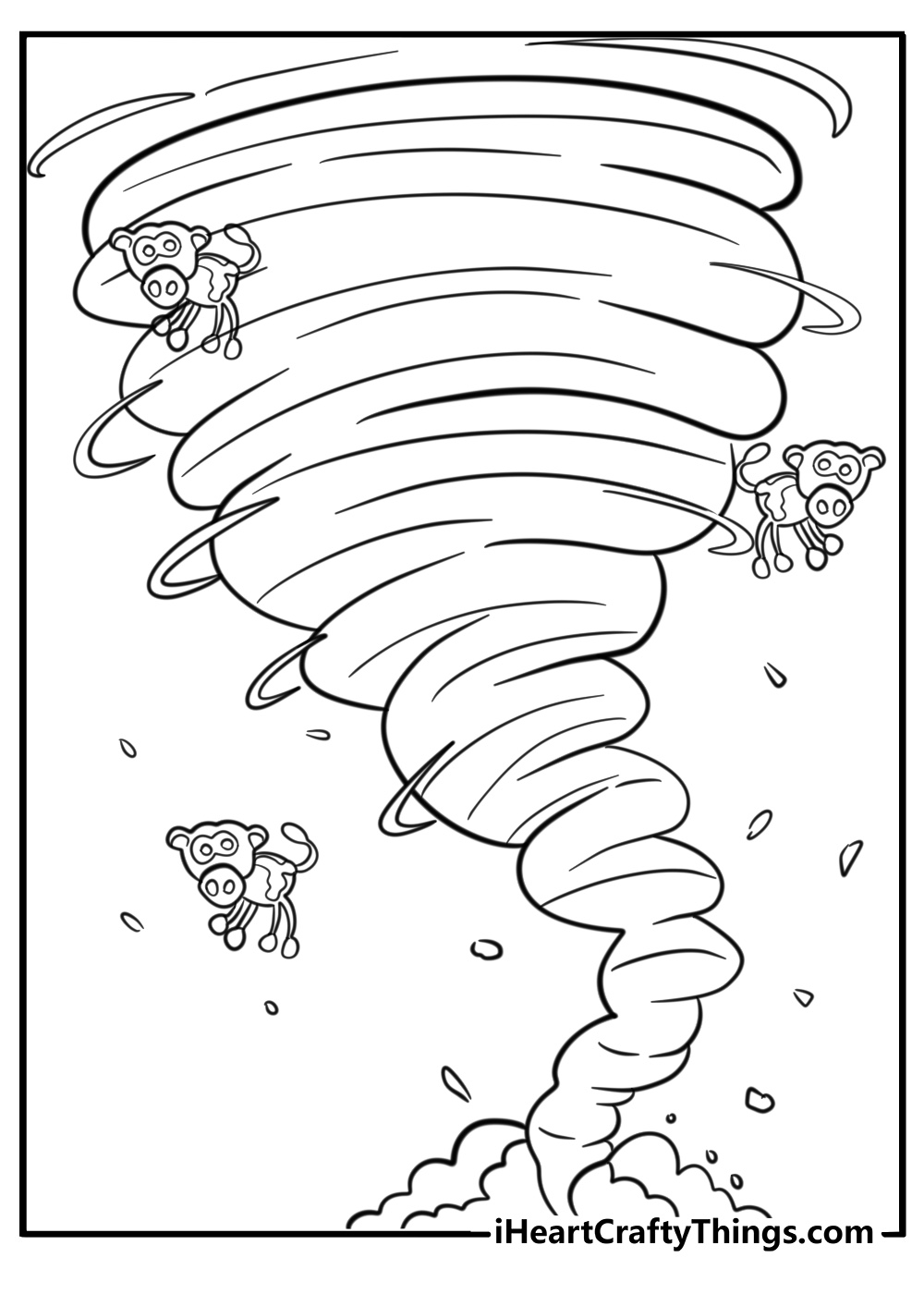 Cartoon tornado with flying cows fun coloring sheet