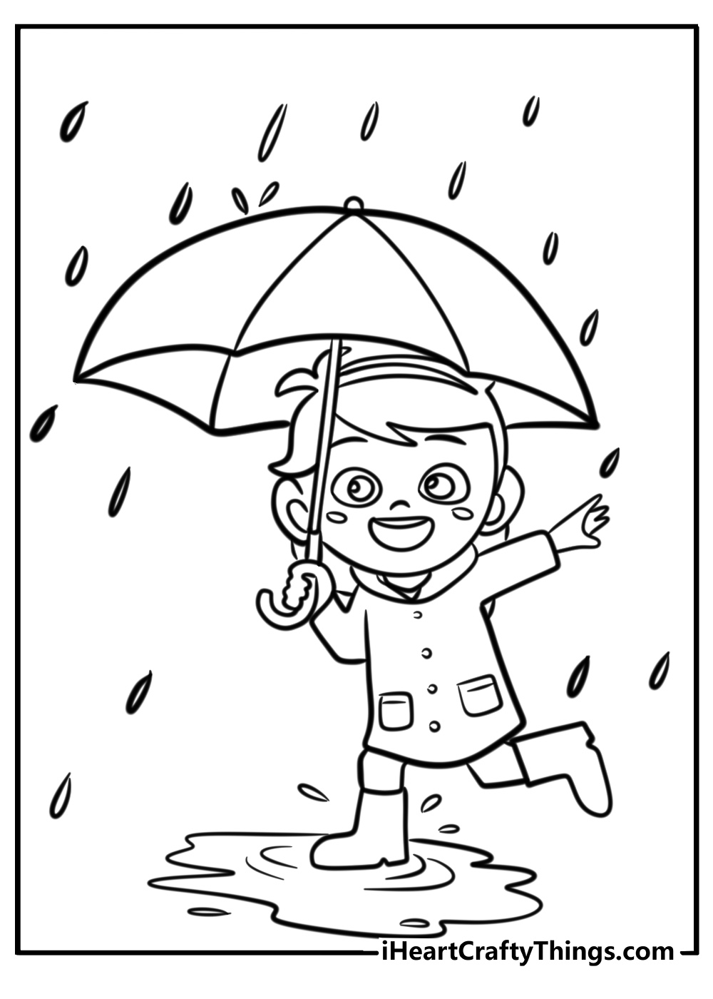 Cartoon umbrella held by a kid fun coloring sheet