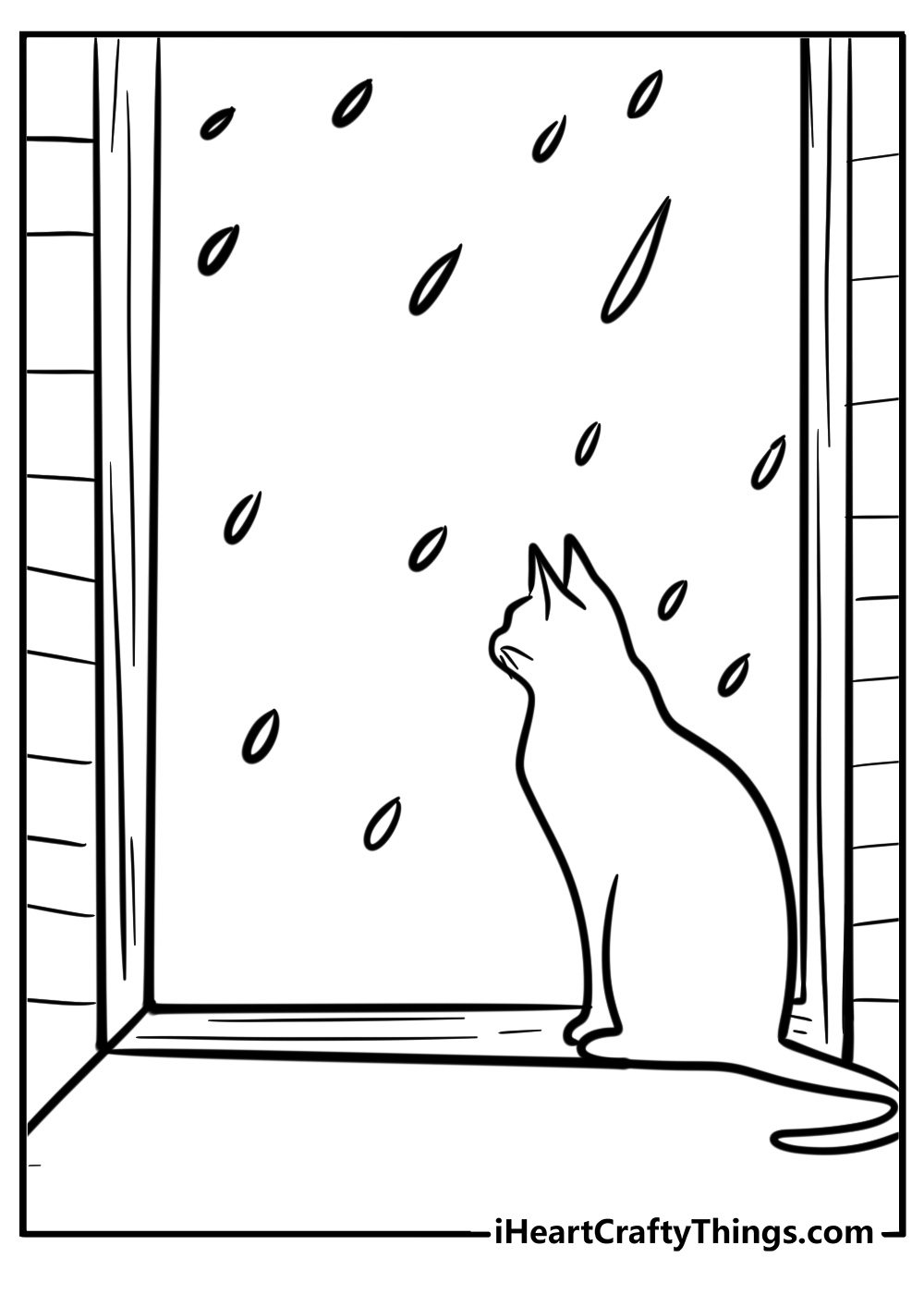 Cat watching the rain from a window fun coloring sheet