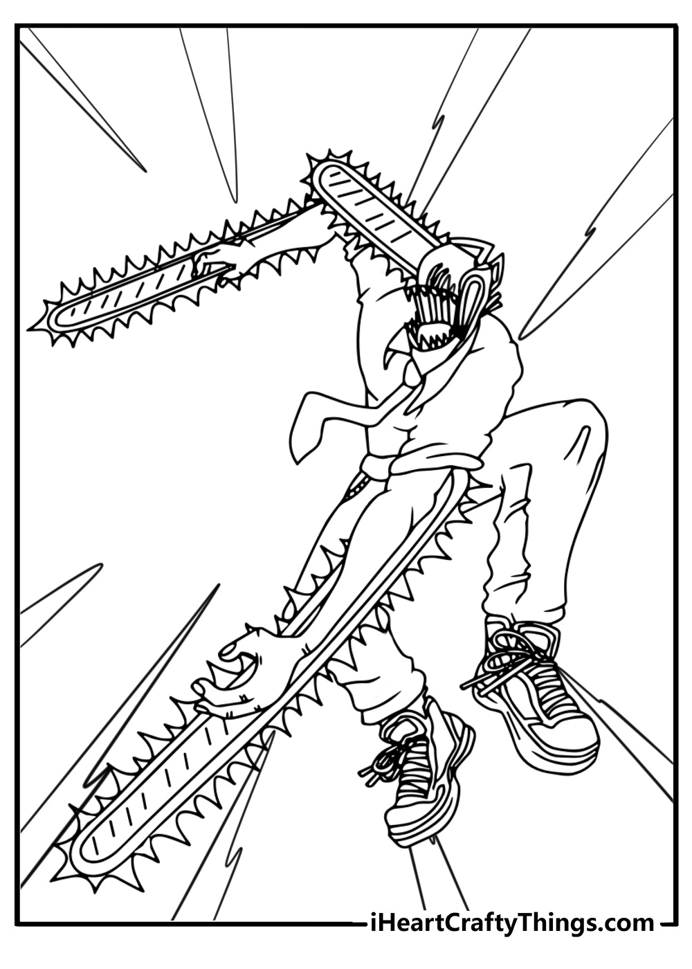 Chainsaw man jumping in the air detailed coloring sheet