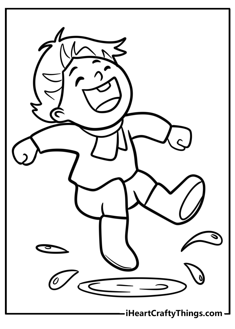 Child wearing rain boots in puddles coloring page for kids