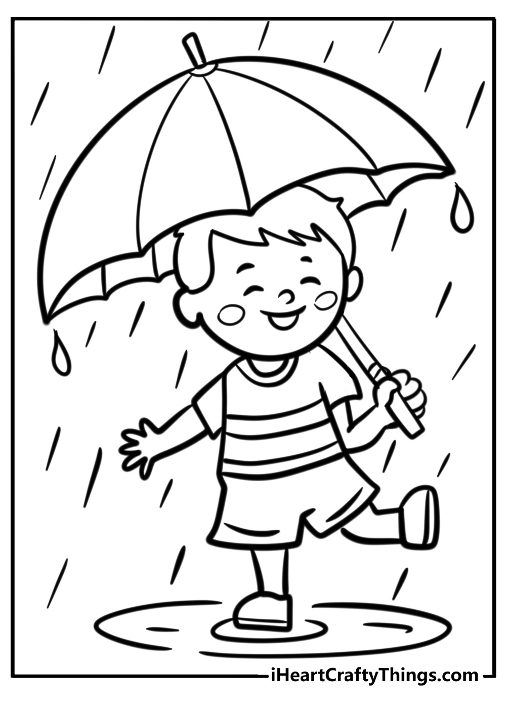 Child with an umbrella in the rain coloring page for kids