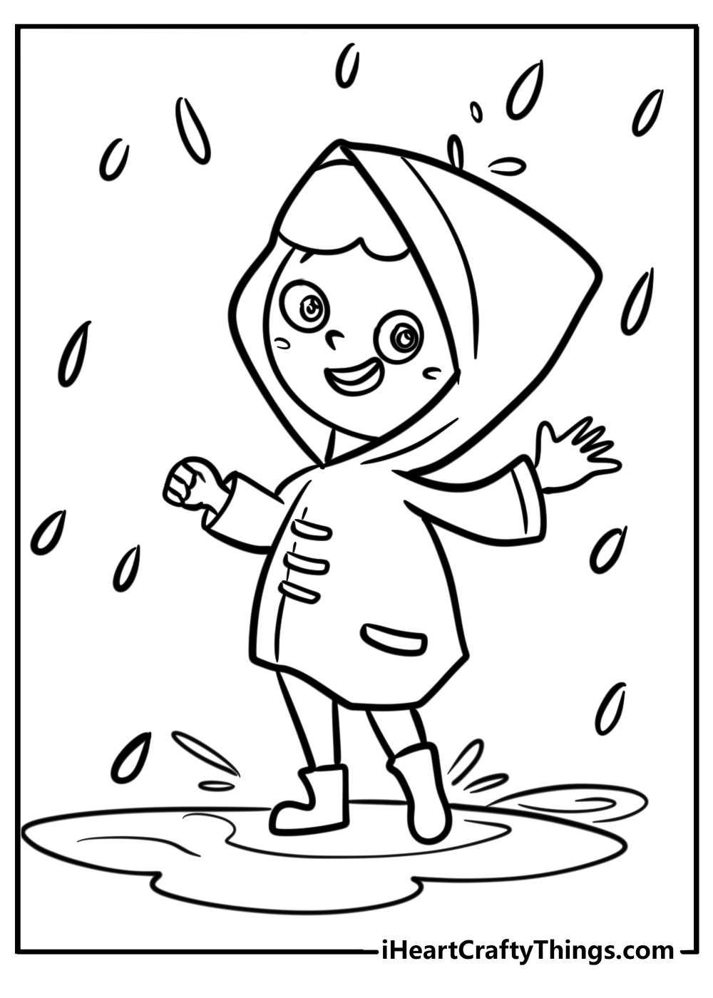 Child with rain boots under the rain free printable coloring page