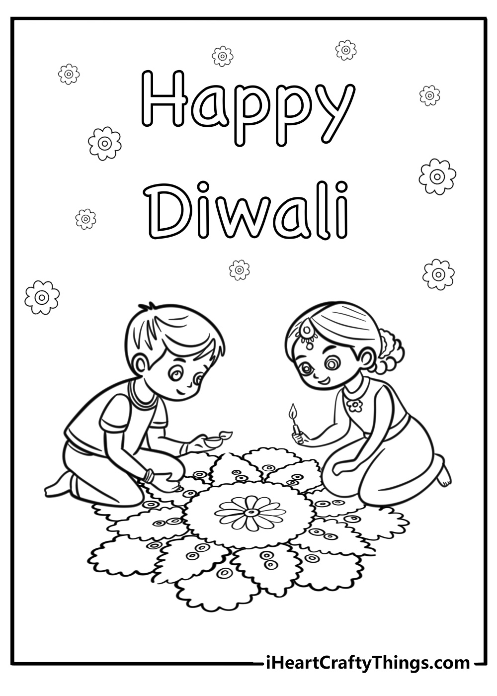 Children decorating with rangoli for diwali free coloring page pdf