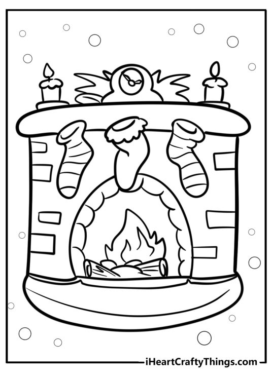 Christmas-themed coloring page featuring cozy fireplace with three hanging stockings and two candles on the top