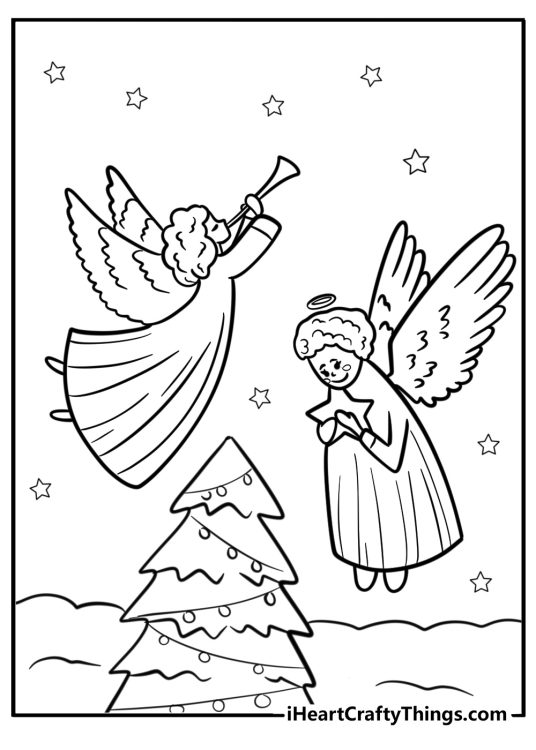Christmas-themed image capturing two angels flying over Christmas tree with stars all around them