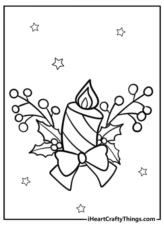 Christmas candle with ribbon and holly fun coloring sheet