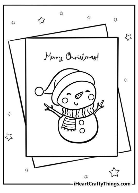Christmas-inspired printable pdf depicting card with a snowman and Merry Christmas phrase