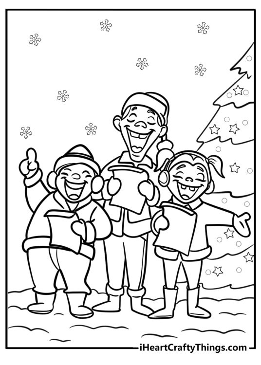 Christmas-themed picture presenting three carolers singing by the Christmas tree on a snowy day