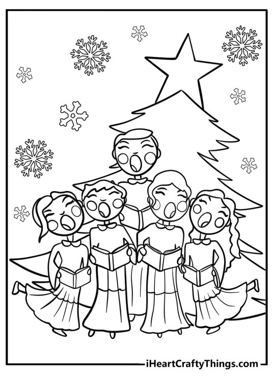 Christmas-inspired coloring sheet depicting a choir by the decorated Christmas tree with snowlakes in the sky