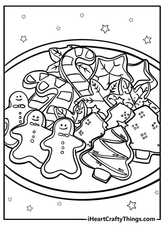 Detailed coloring image for kids featuring plate full of various shapes Christmas cookies