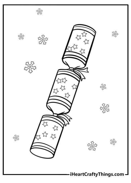 Coloring sheet for children depicting Christmas cracker with snowlakes all around it