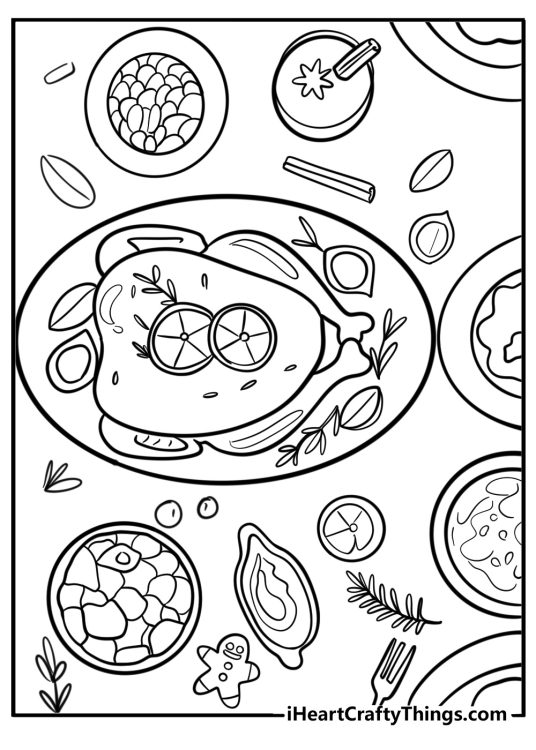 Coloring page featuring Christmas table full of traditional dishes with a roasted turkey in the centre