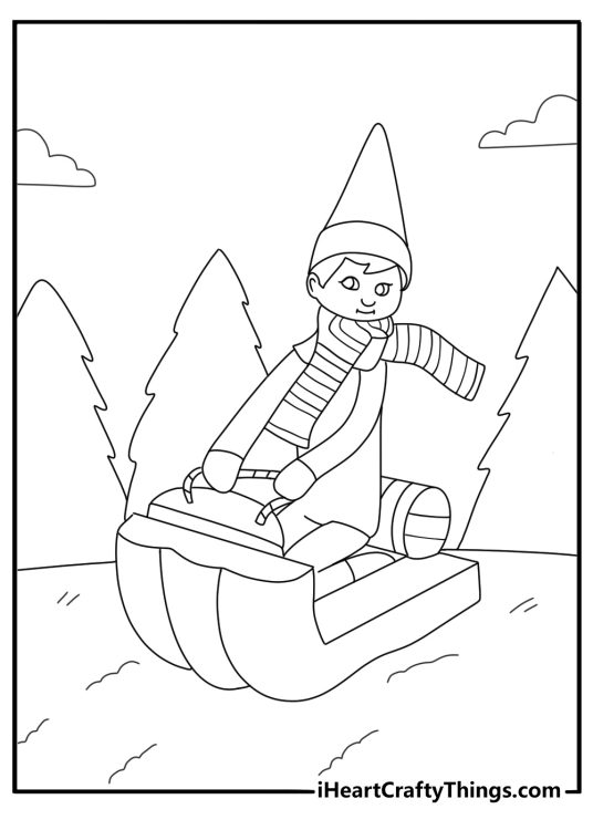 christmas elf coloring page delivering mail through snow using a small sled for kids