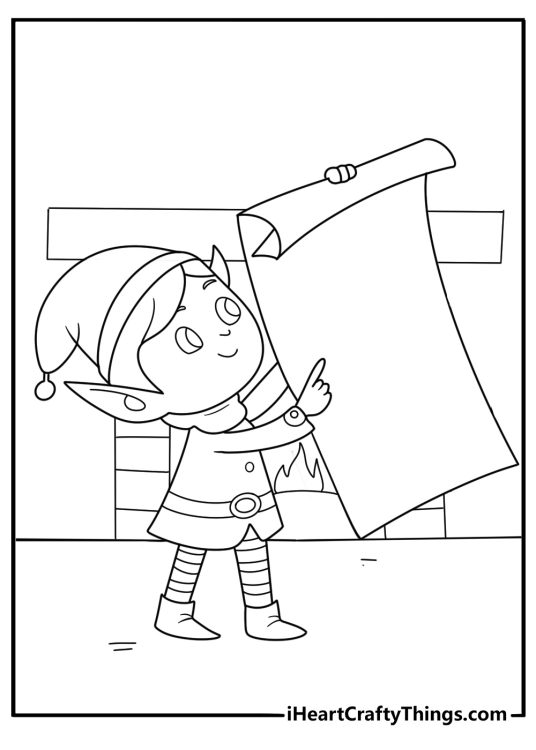 christmas elf coloring page reading the nice list scroll beside a warm fireplace for kids