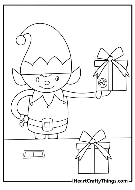 christmas elf coloring sheet stamping gift tags with an ink pad in the office