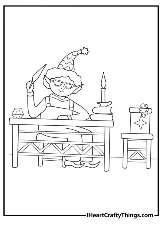 christmas elf pdf coloring page writing a wish list with a quill at a wooden desk