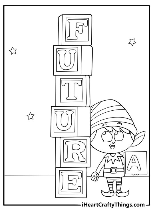 christmas elf printable coloring page arranging wooden alphabet blocks into a tall tower