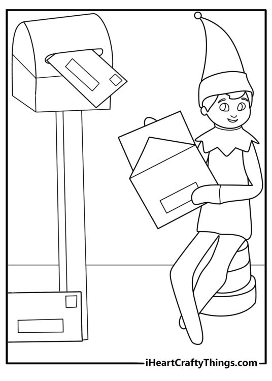christmas elf printable coloring sheet sorting letters to santa at a tall red mailbox