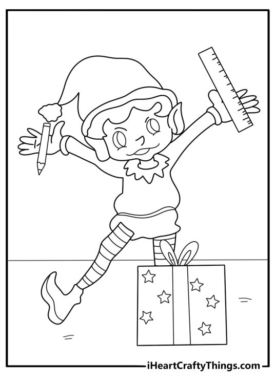 christmas elf printable measuring a gift box with a ruler and pencil coloring page download