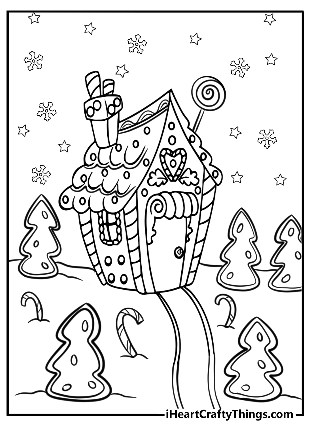 Christmas gingerbread house with candy paths free coloring page pdf