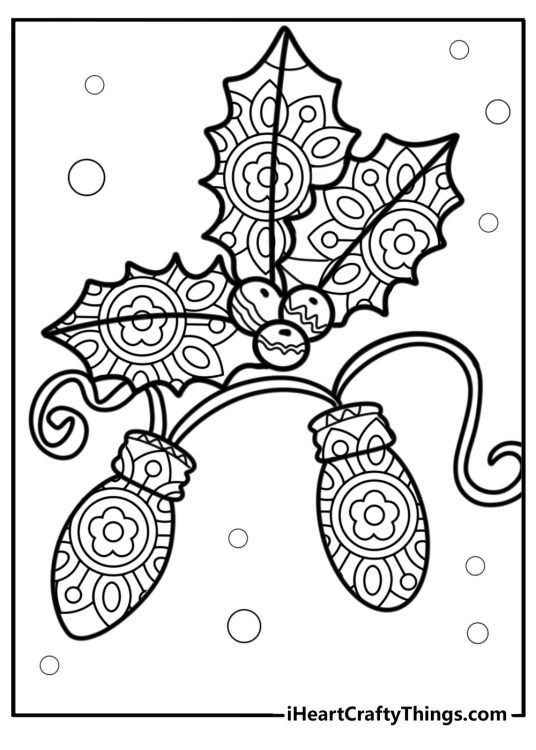 Christmas lights and holly mandala detailed coloring sheet