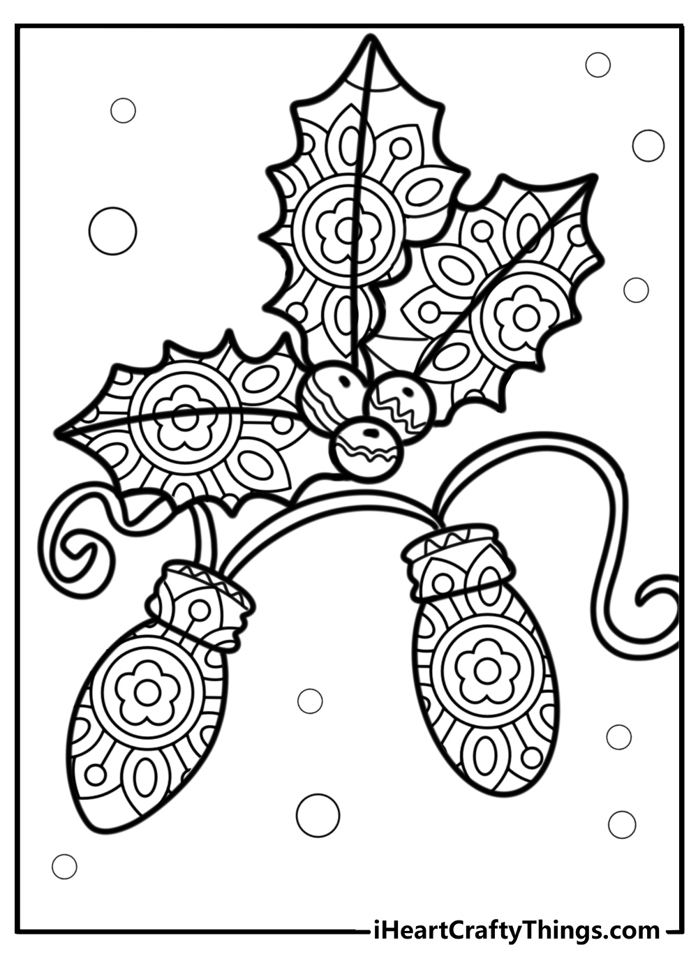 Christmas lights and holly mandala detailed coloring sheet