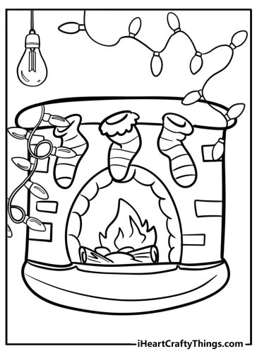 Christmas lights around a fireplace fun coloring sheet