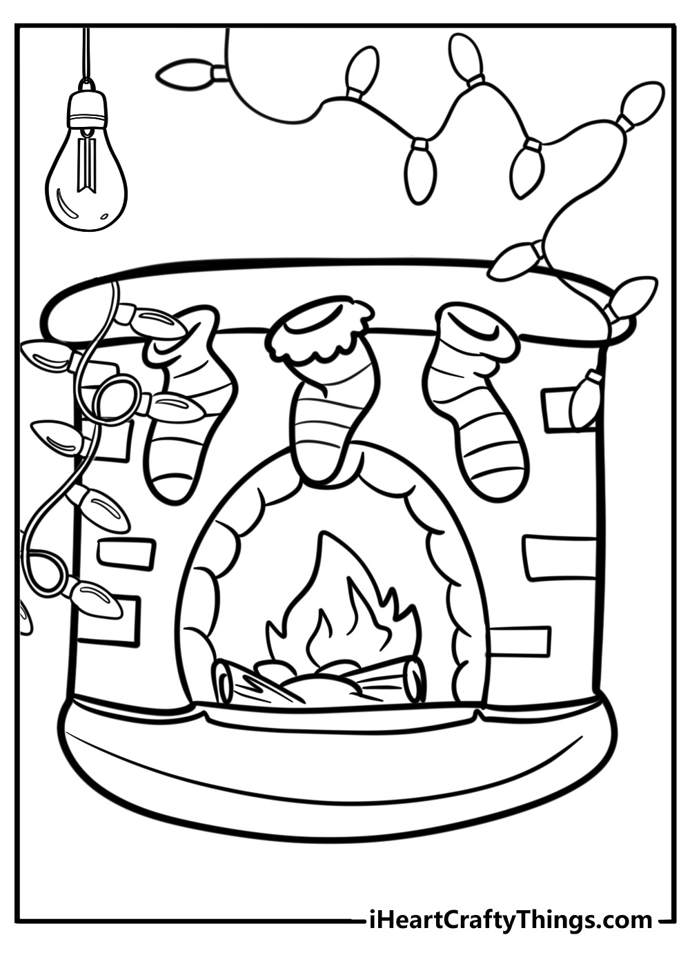 Christmas lights around a fireplace fun coloring sheet