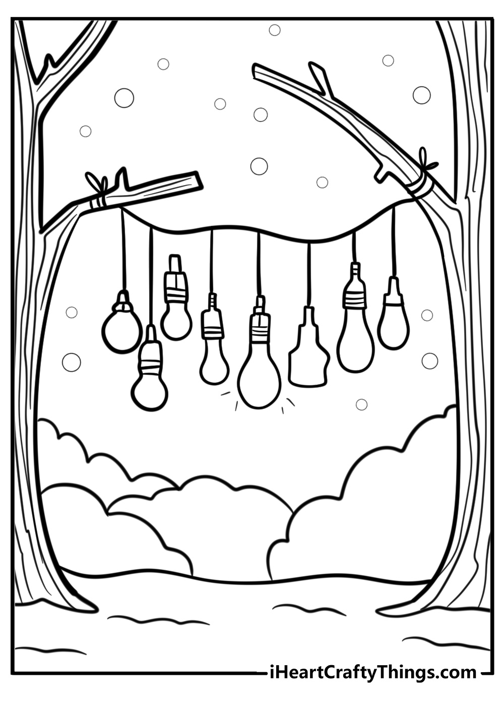 Christmas lights hanging on a tree coloring page for kids