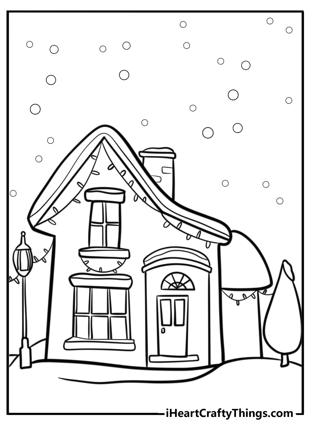 Christmas lights on a decorated house coloring page for kids