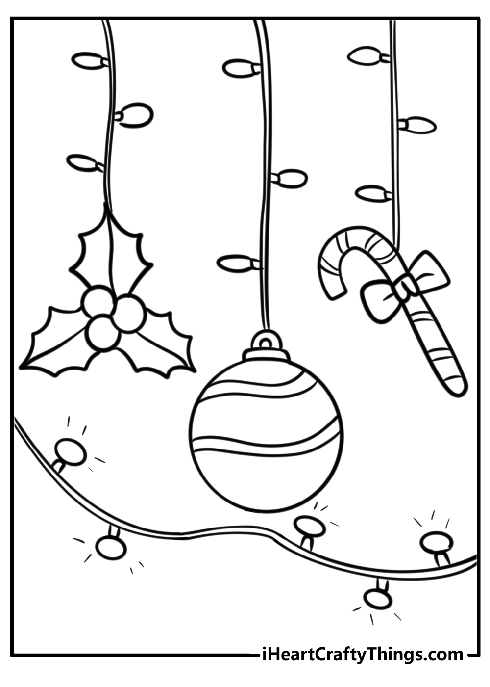 Christmas lights with ornaments and holly coloring sheet