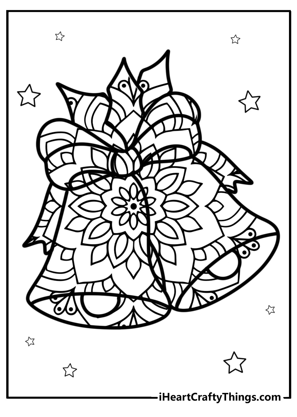 Christmas mandala with bells and ribbons coloring page