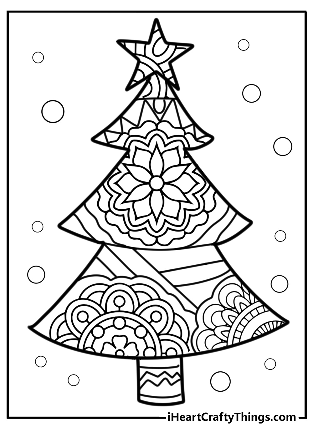 Christmas mandala with stars and trees free printable coloring page