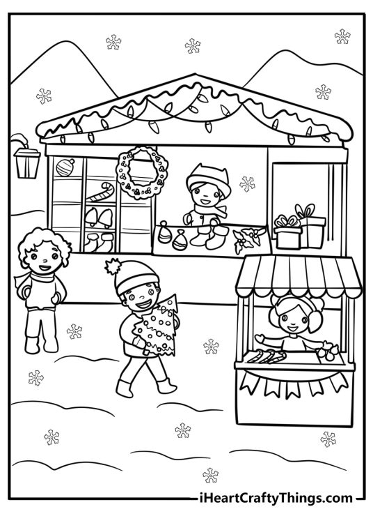 Detailed coloring picture for children presenting festive scenery from a Christmas market