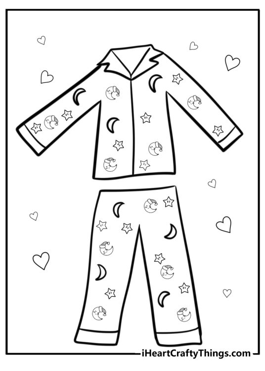Christmas-themed coloring page featuring festive pajama with cartoony stars and moons pattern