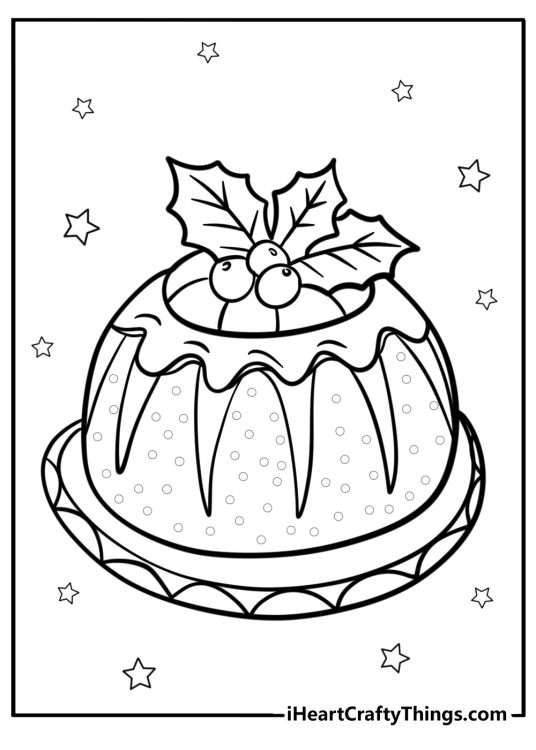 Christmas-themed image presenting delicious Christmas pudding surrounded by stars