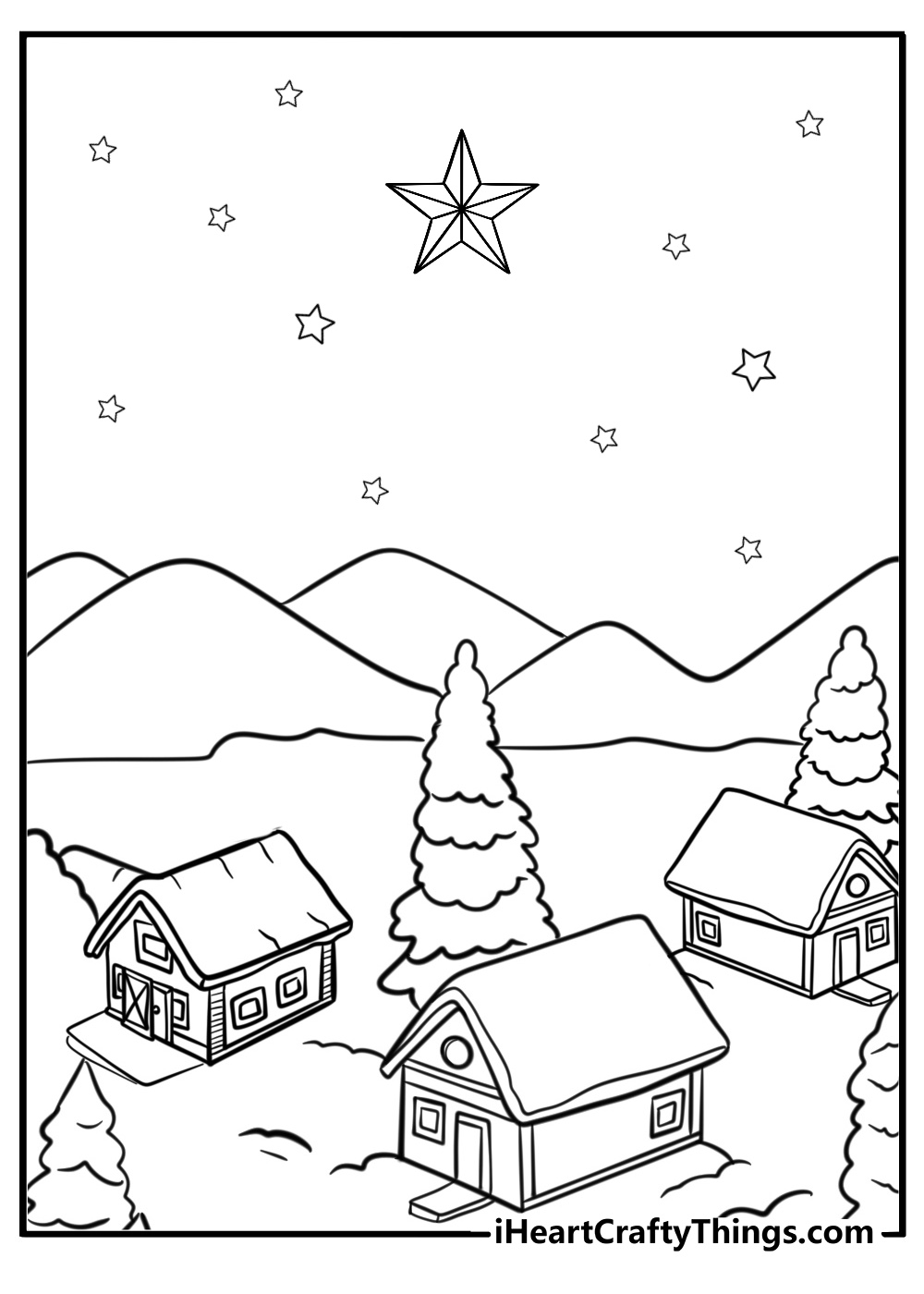 Christmas star above a snowy landscape detailed coloring sheet