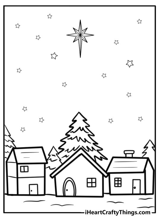 Christmas star shining over a town fun coloring sheet