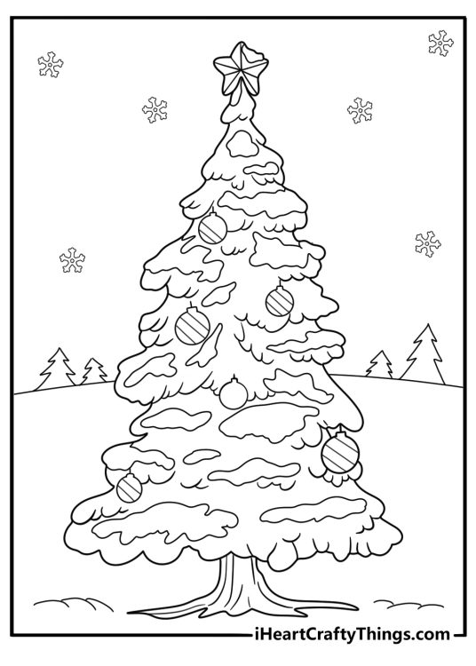christmas tree in snowy landscape with stars and snowflakes printable coloring sheet