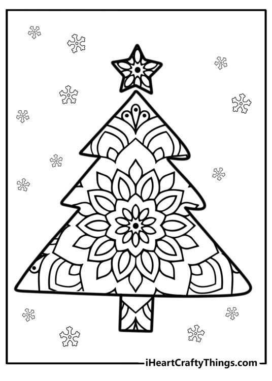 Christmas tree mandala detailed coloring sheet