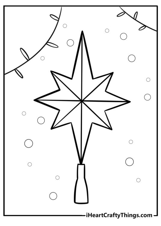 Coloring page featuring star-shaped Christmas tree topper with little circles in the background