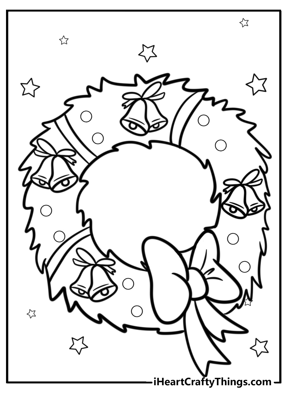 Christmas wreath with bells and ribbons fun coloring sheet