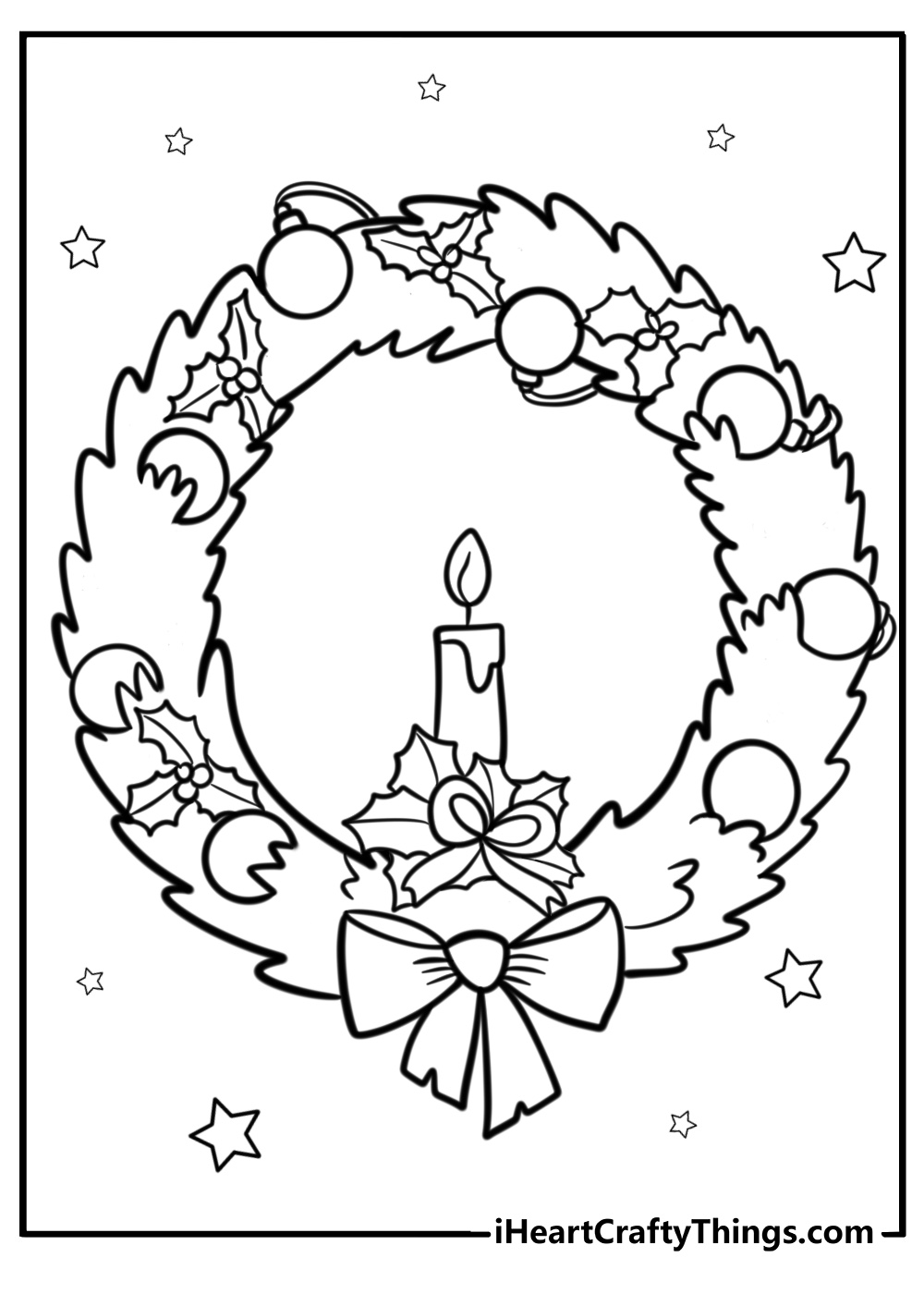 Christmas wreath with candles and holly coloring page