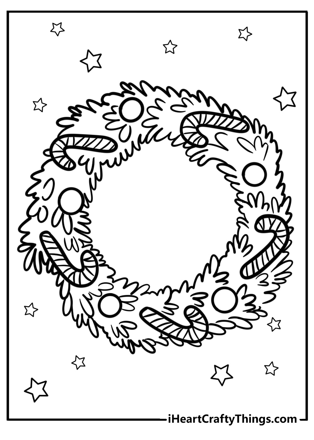 Christmas wreath with candy canes fun printable coloring page