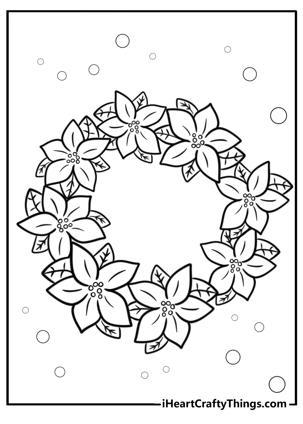 Christmas wreath with poinsettia flowers coloring page